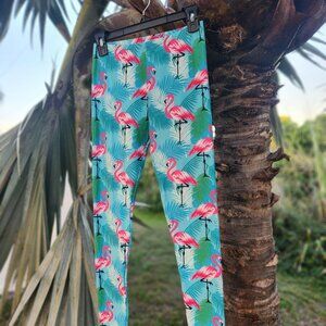 Flamingo Vibrant Blue & Pink Tropical Yoga Leggings- S
